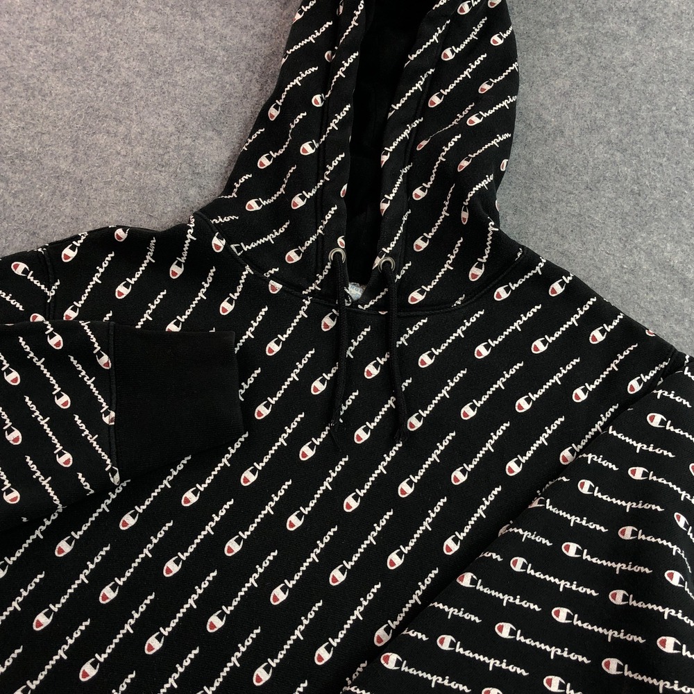 Champion Mens Hoodie XL Black Reverse Weave All Over Print Pullover Hooded
